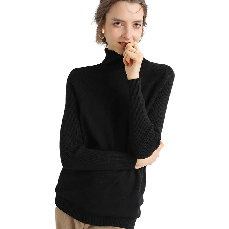 Women Turtleneck Merino Wool Cashmere Sweater Long Sleeves