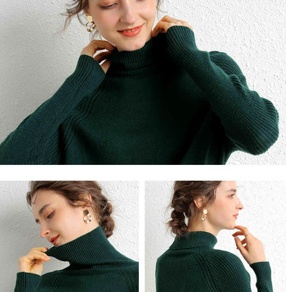 Women Turtleneck Merino Wool Cashmere Sweater Long Sleeves