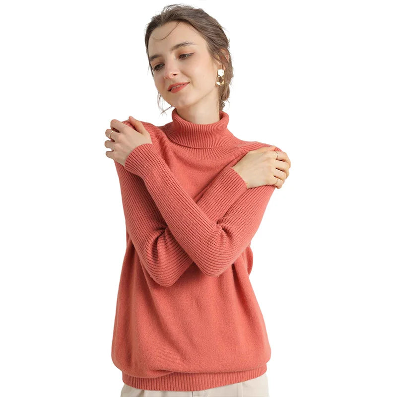 Women Turtleneck Merino Wool Cashmere Sweater Long Sleeves