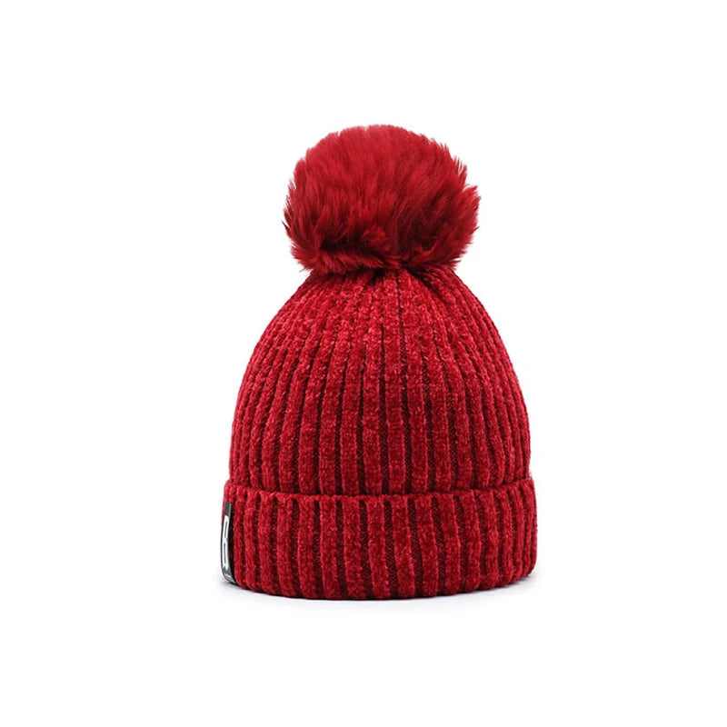 Winter Hats for Woman Chenille Ball Knitted Beanie Cap