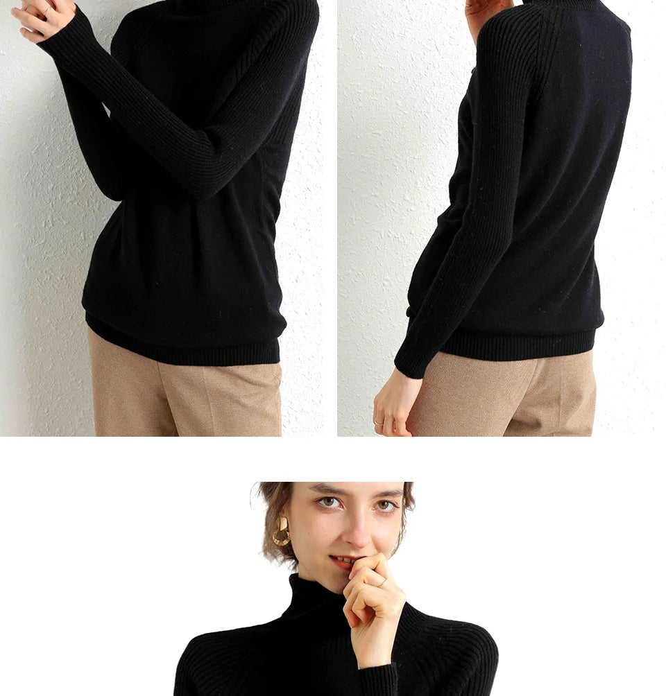 Women Turtleneck Merino Wool Cashmere Sweater Long Sleeves