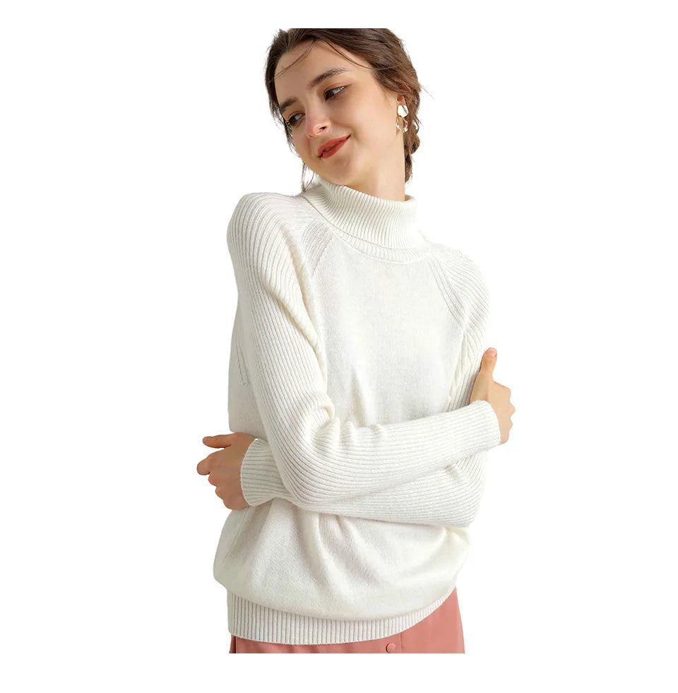 Women Turtleneck Merino Wool Cashmere Sweater Long Sleeves