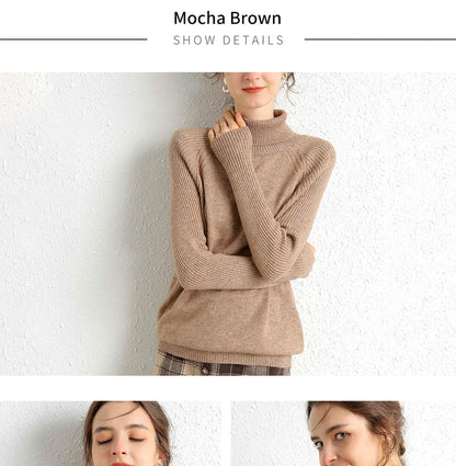 Women Turtleneck Merino Wool Cashmere Sweater Long Sleeves