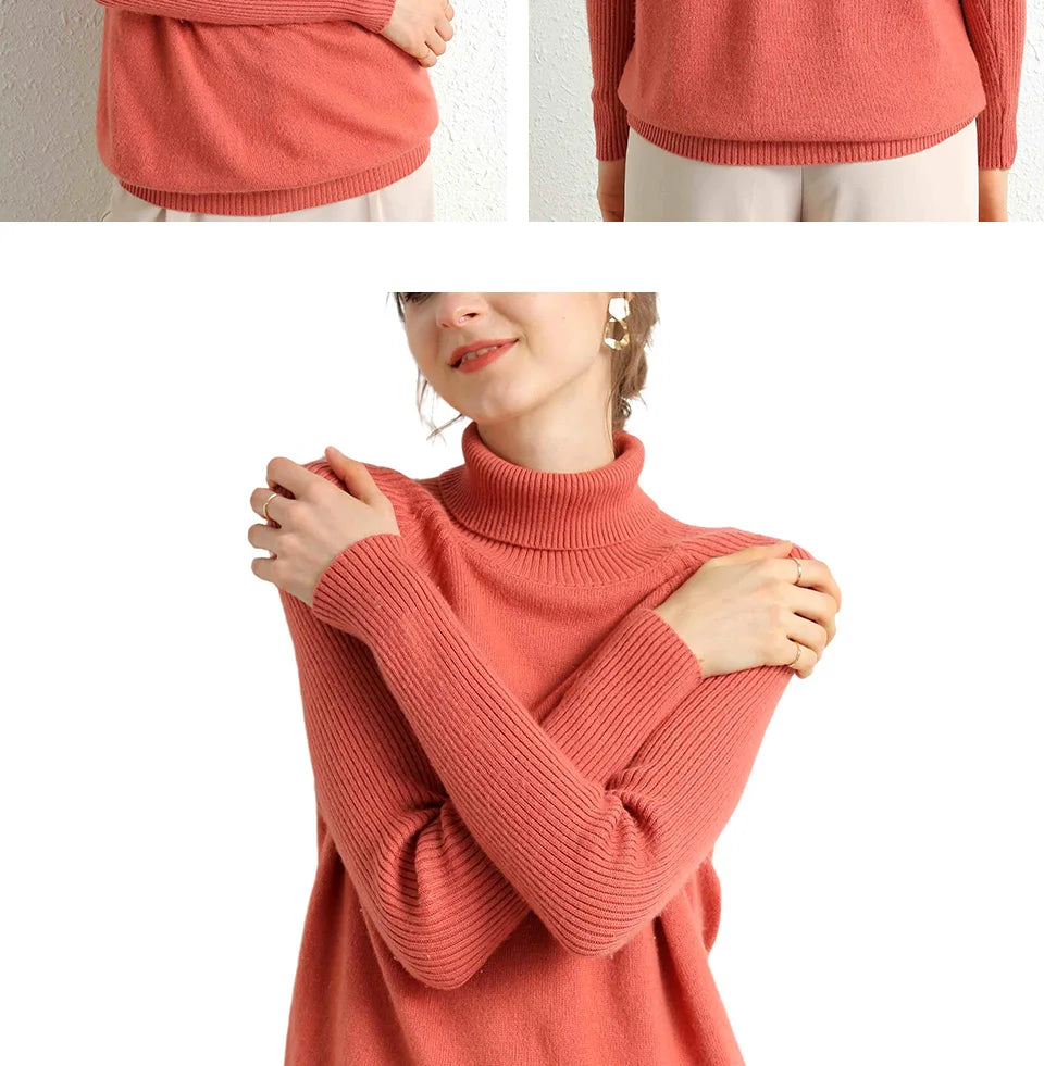 Women Turtleneck Merino Wool Cashmere Sweater Long Sleeves