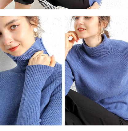 Women Turtleneck Merino Wool Cashmere Sweater Long Sleeves