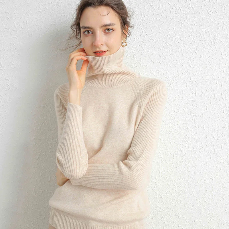 Women Turtleneck Merino Wool Cashmere Sweater Long Sleeves