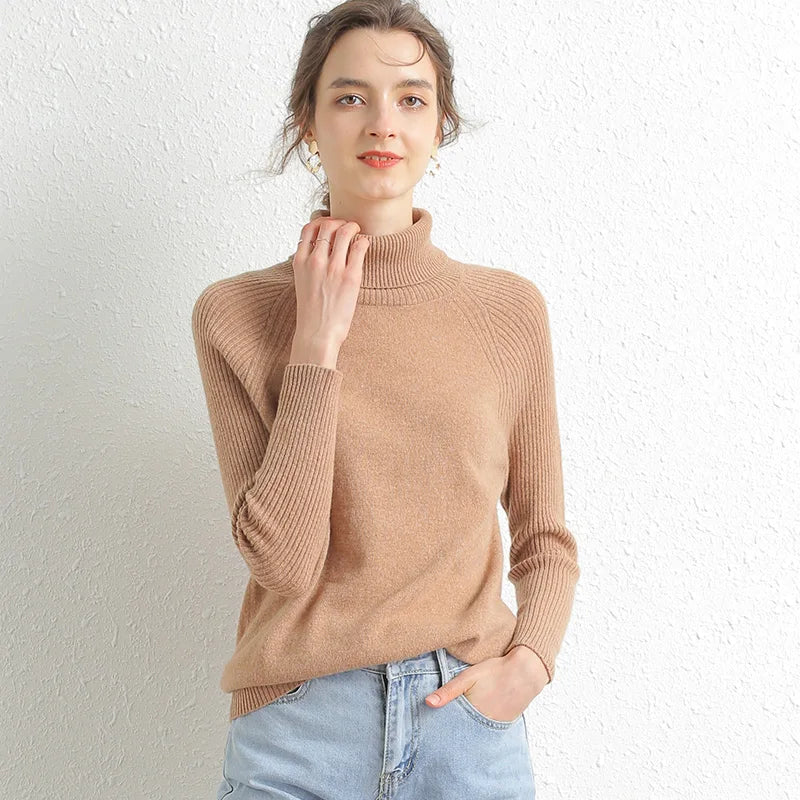 Women Turtleneck Merino Wool Cashmere Sweater Long Sleeves