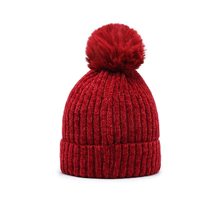 Winter Hats for Woman Chenille Ball Knitted Beanie Cap