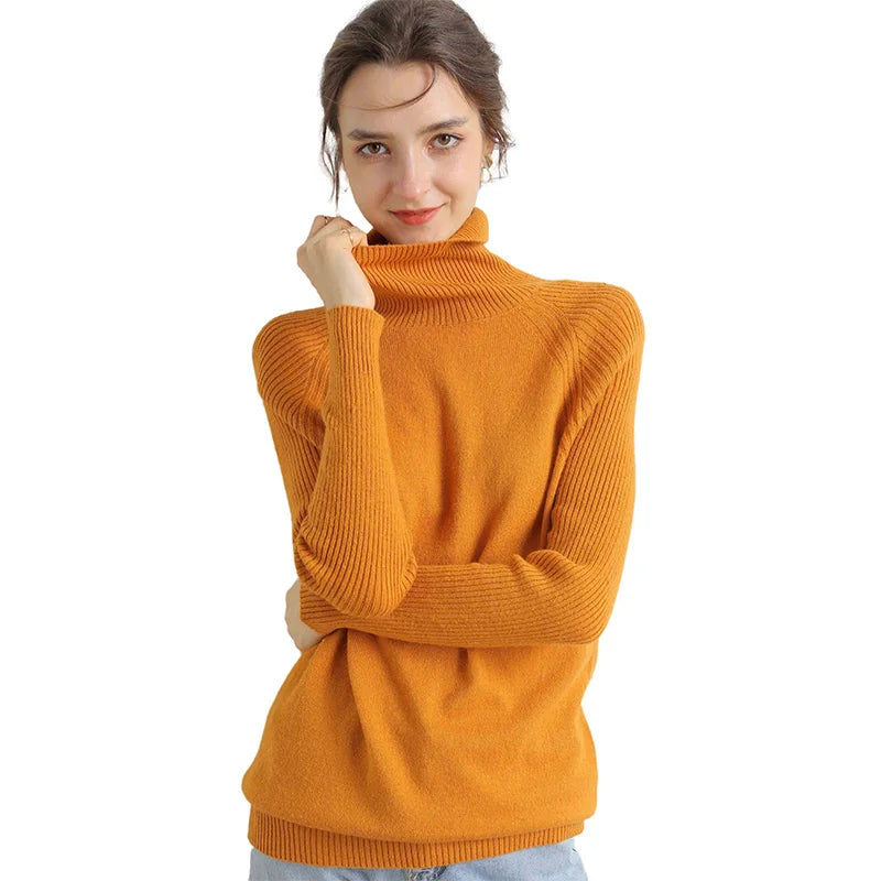 Women Turtleneck Merino Wool Cashmere Sweater Long Sleeves