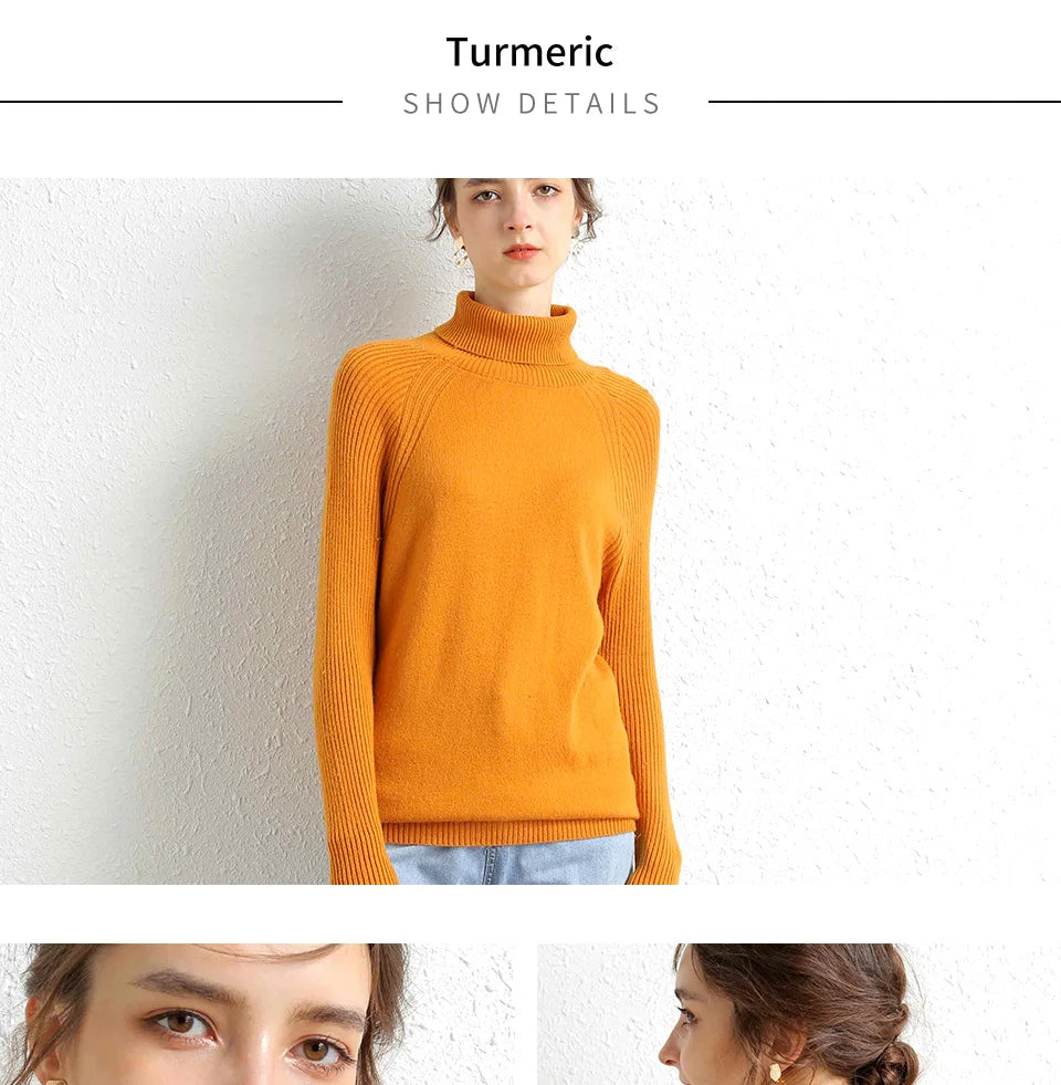 Women Turtleneck Merino Wool Cashmere Sweater Long Sleeves