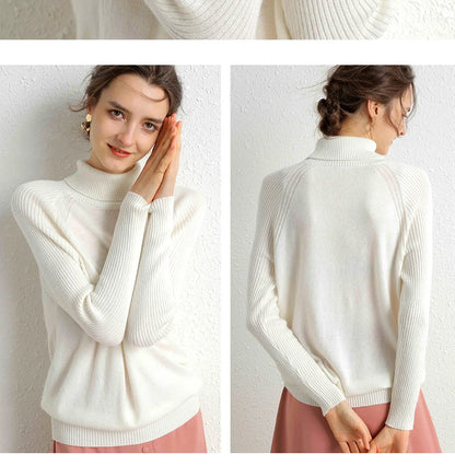 Women Turtleneck Merino Wool Cashmere Sweater Long Sleeves