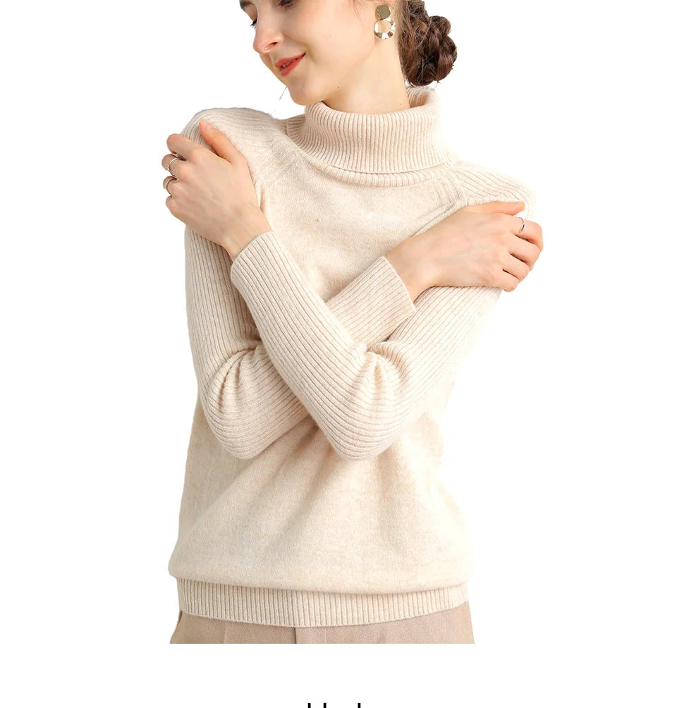 Women Turtleneck Merino Wool Cashmere Sweater Long Sleeves