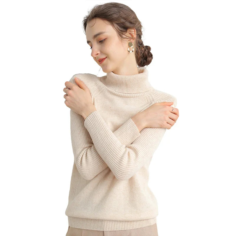 Women Turtleneck Merino Wool Cashmere Sweater Long Sleeves