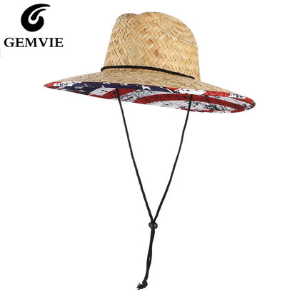 GEMVIE Wide Brim Flag Lifeguard Straw Hat For Summer