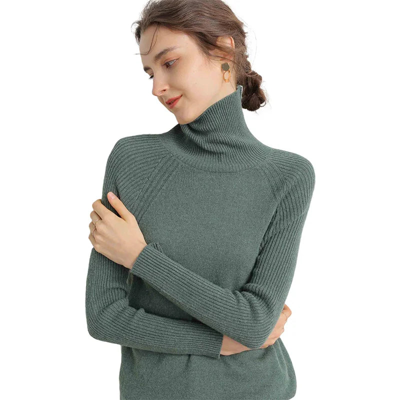 Women Turtleneck Merino Wool Cashmere Sweater Long Sleeves