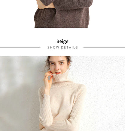 Women Turtleneck Merino Wool Cashmere Sweater Long Sleeves