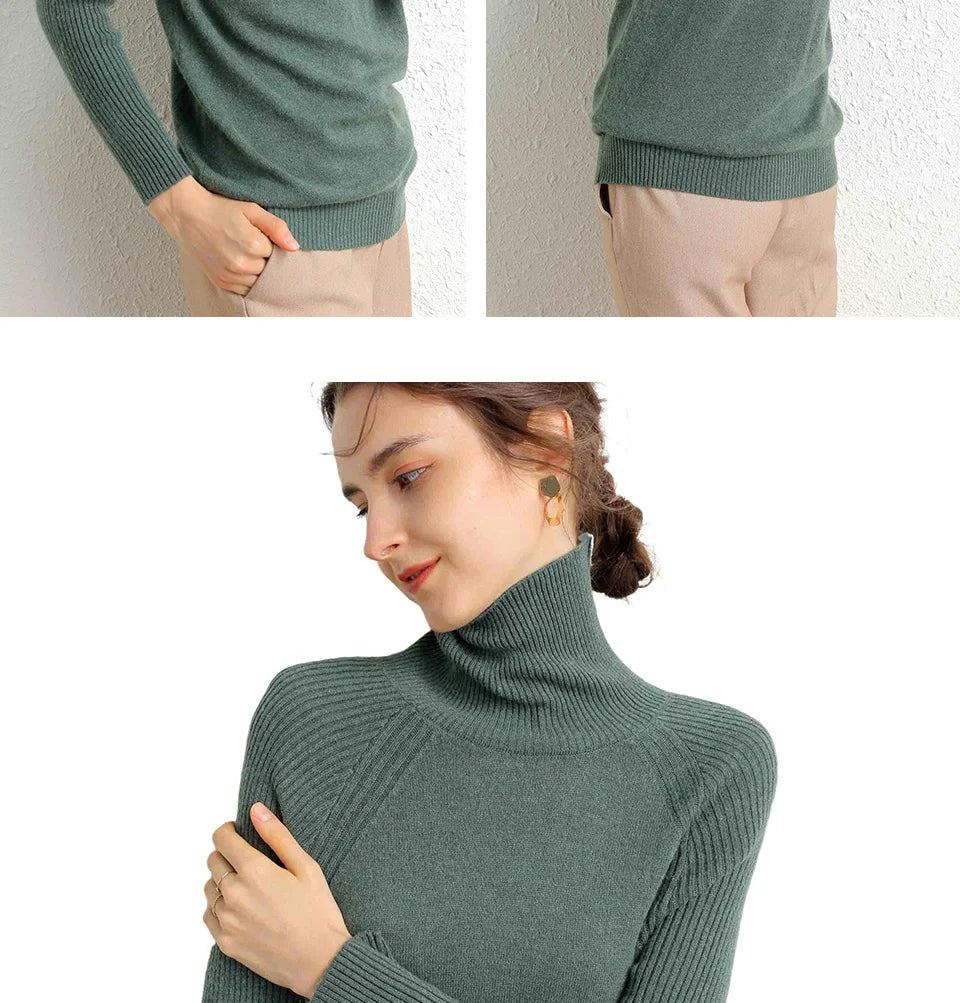 Women Turtleneck Merino Wool Cashmere Sweater Long Sleeves