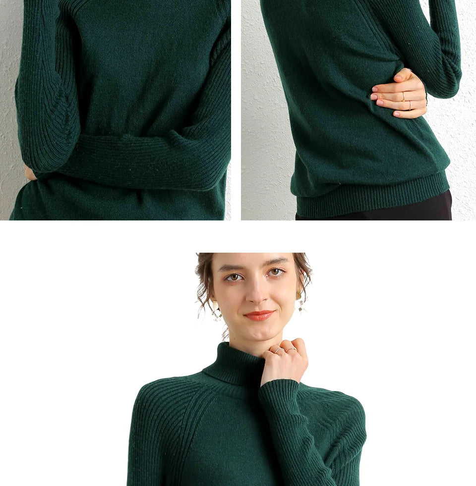 Women Turtleneck Merino Wool Cashmere Sweater Long Sleeves