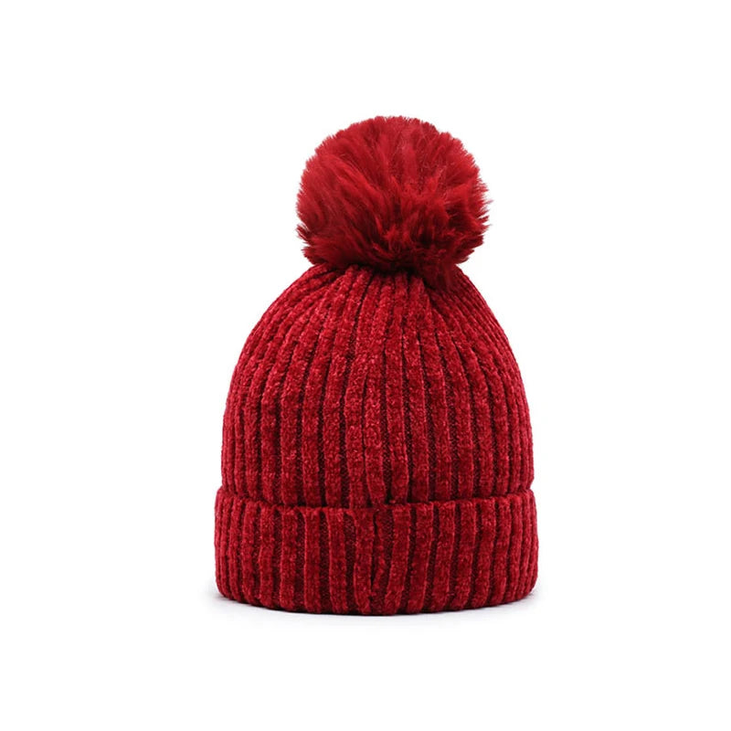 Winter Hats for Woman Chenille Ball Knitted Beanie Cap