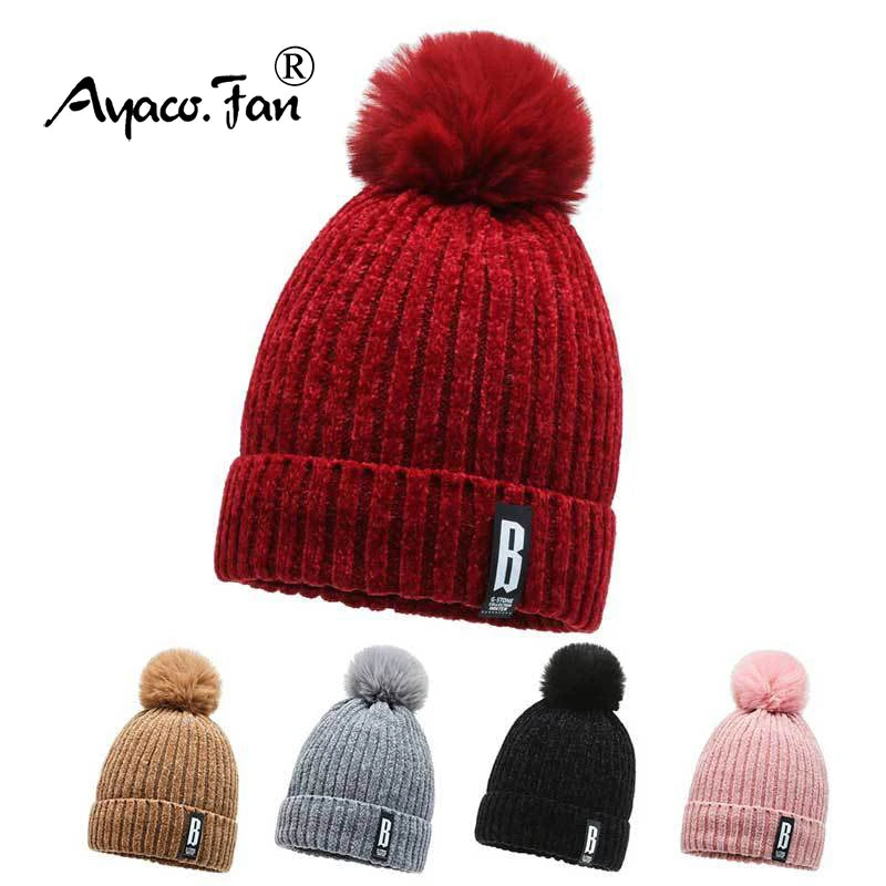 Winter Hats for Woman Chenille Ball Knitted Beanie Cap