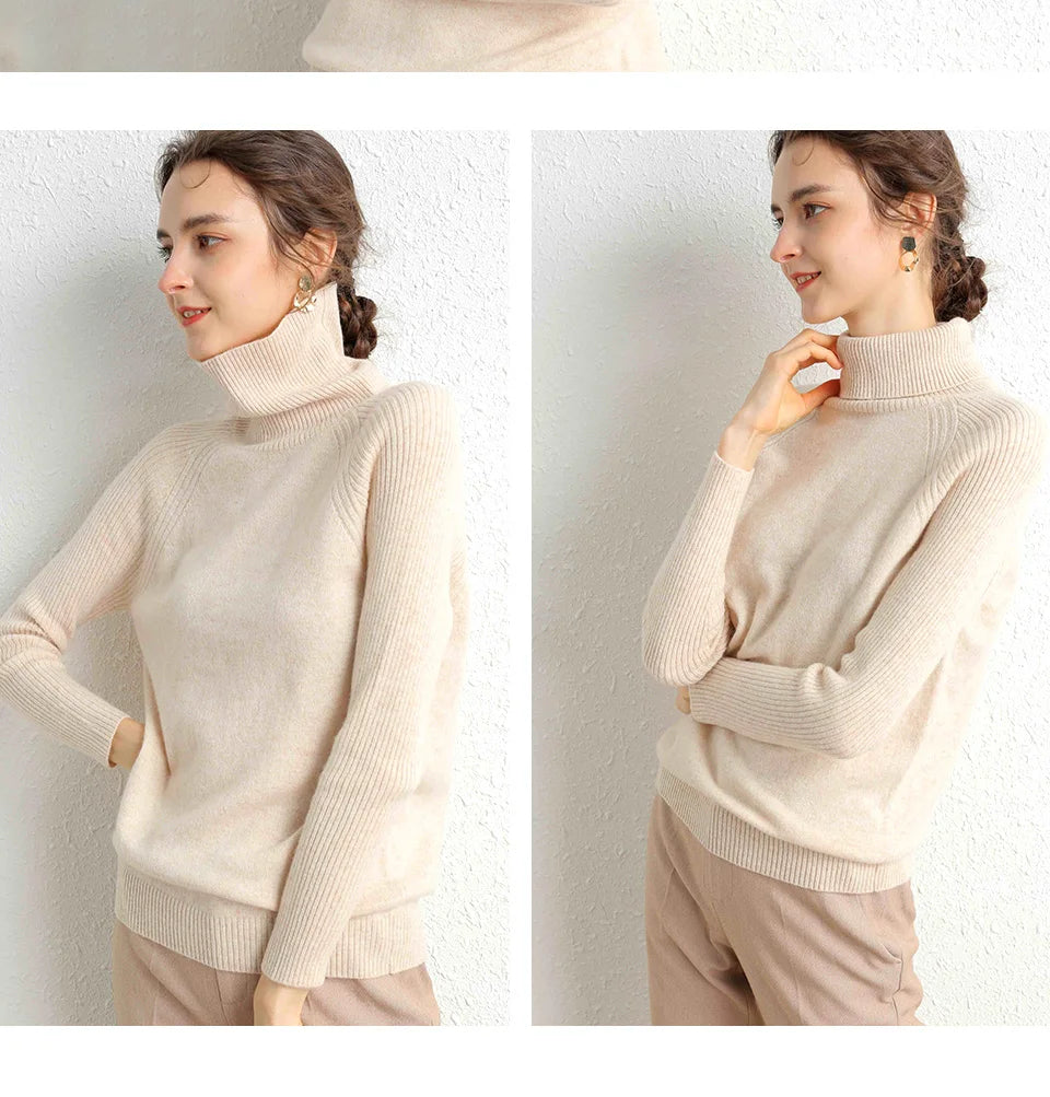 Women Turtleneck Merino Wool Cashmere Sweater Long Sleeves