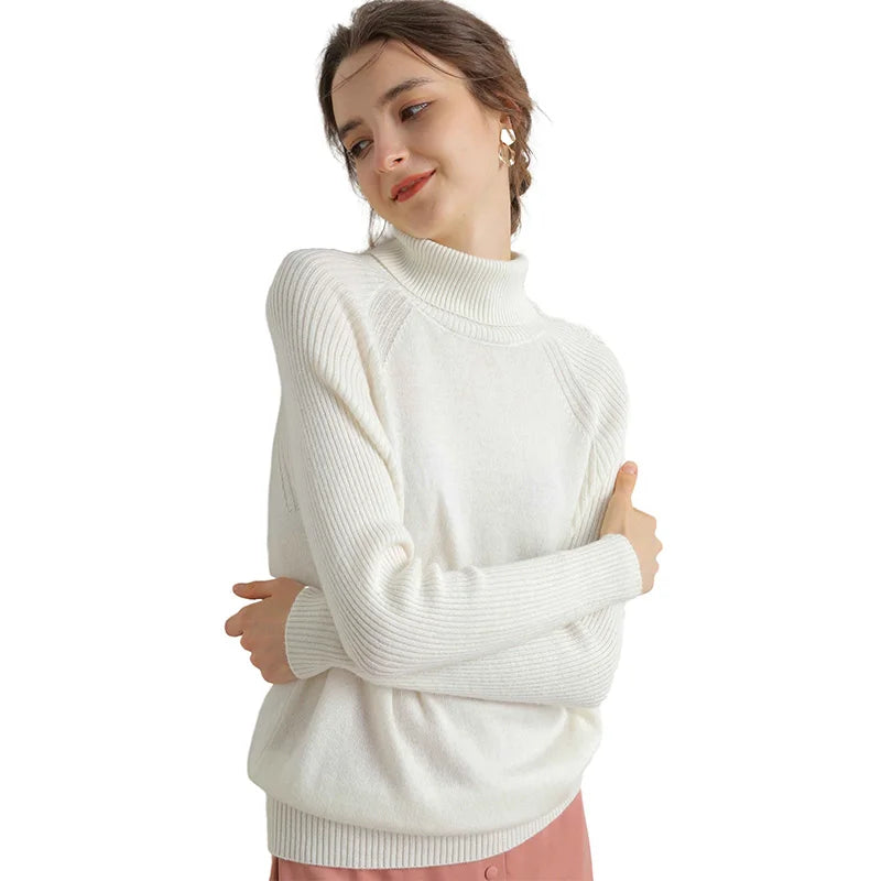 Women Turtleneck Merino Wool Cashmere Sweater Long Sleeves