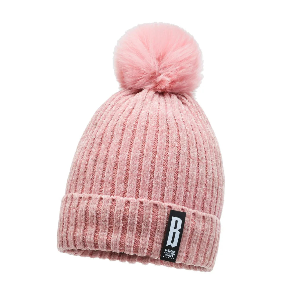 Winter Hats for Woman Chenille Ball Knitted Beanie Cap