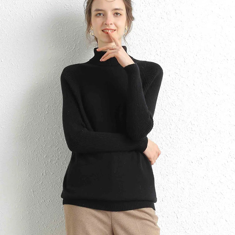 Women Turtleneck Merino Wool Cashmere Sweater Long Sleeves