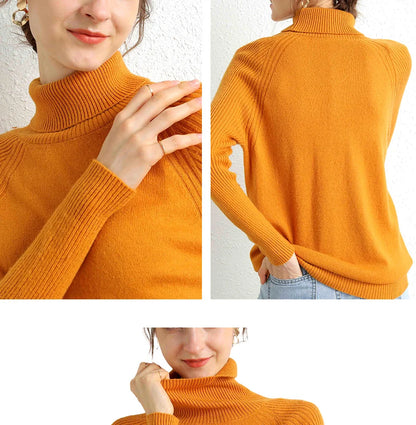 Women Turtleneck Merino Wool Cashmere Sweater Long Sleeves