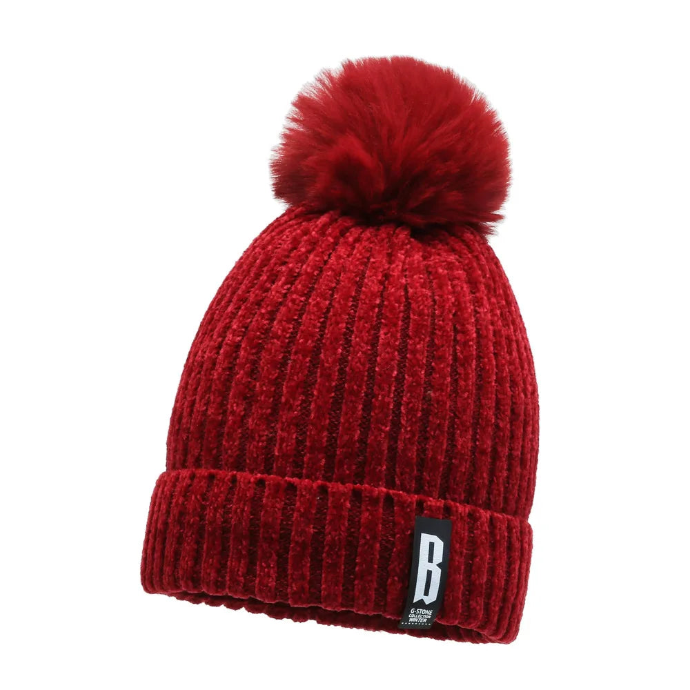 Winter Hats for Woman Chenille Ball Knitted Beanie Cap