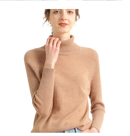 Women Turtleneck Merino Wool Cashmere Sweater Long Sleeves