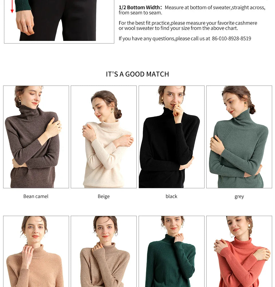 Women Turtleneck Merino Wool Cashmere Sweater Long Sleeves