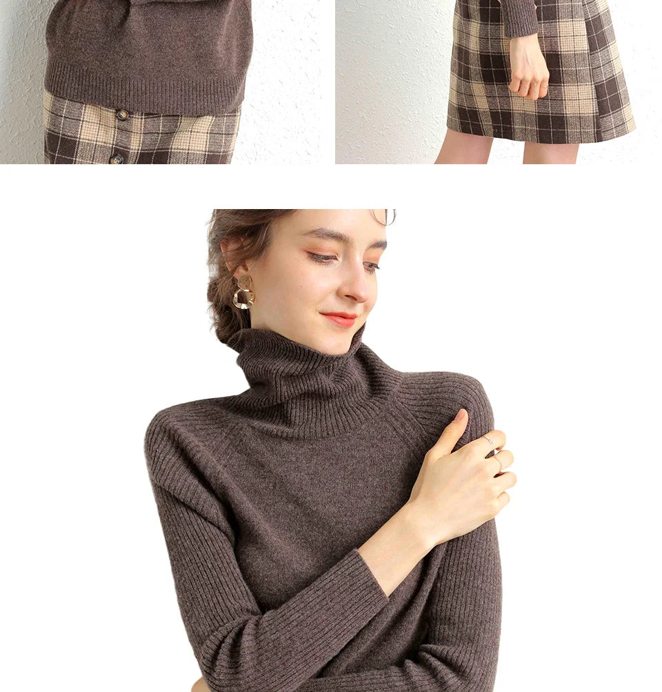 Women Turtleneck Merino Wool Cashmere Sweater Long Sleeves