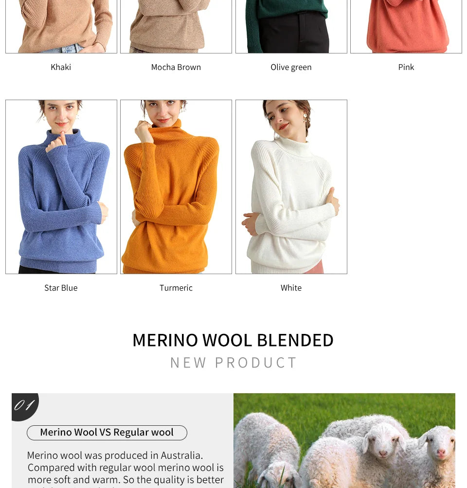 Women Turtleneck Merino Wool Cashmere Sweater Long Sleeves