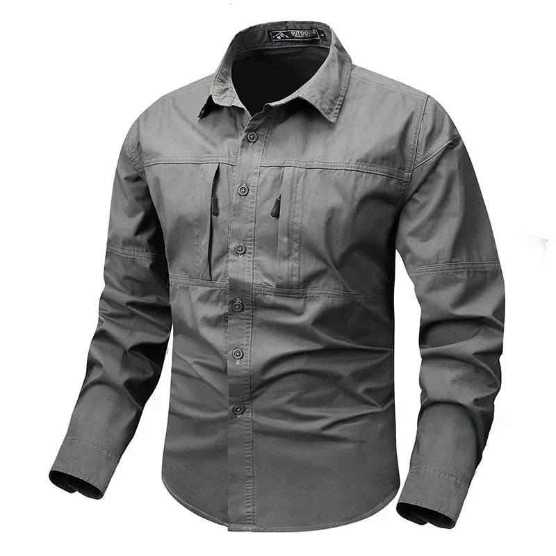 Retro Workwear Men's Long Sleeved Shirt Pocket Design