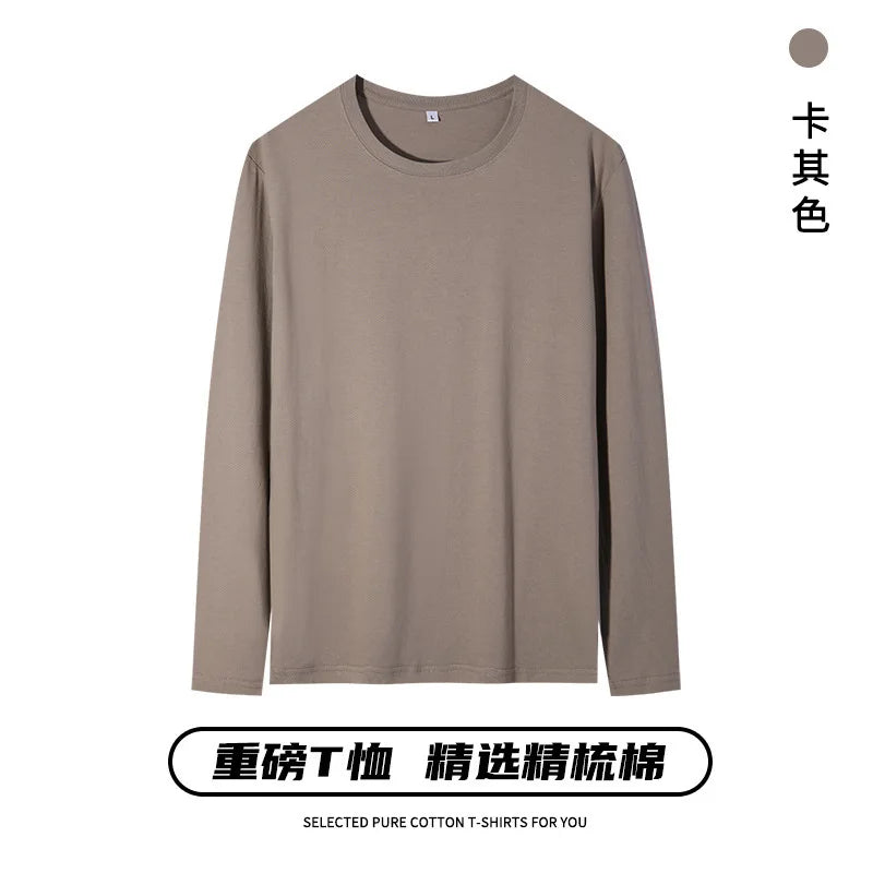 100% Cotton Men's Long-sleeved T-shirt O-neck Solid Color Casual Tops