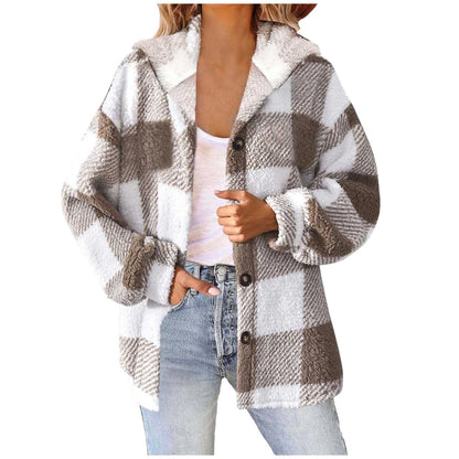 Plaid Print Women Hooded Plush Jacket Winter Cozy Coat