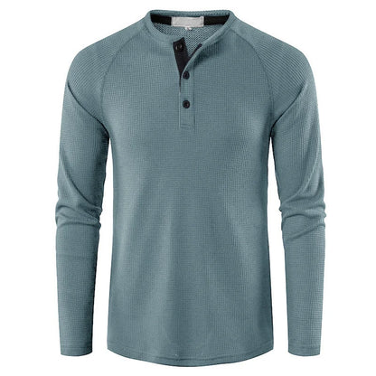 Fashion Waffle Cotton T Shirt Men Slim Fit Long Sleeve Henley