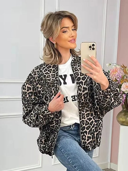 Leopard Printed Jacket Women Turn-down Collar Full Sleeve Zipper