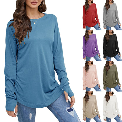 Women's T-Shirt Solid Round Neck Loose Long Sleeve Top