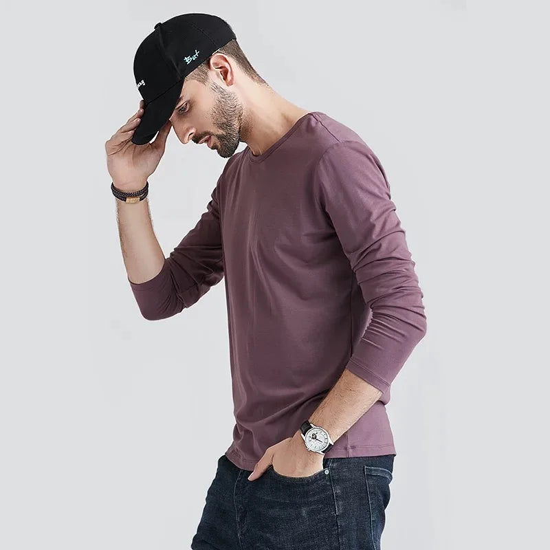 Large Size Solid Color Tops Men Long Sleeves Cotton T-shirt