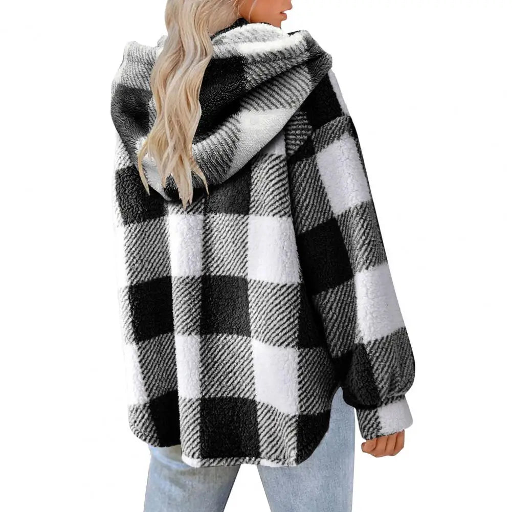 Winter Lady Coat Contrast Color Plush Lined Flannel Jacket