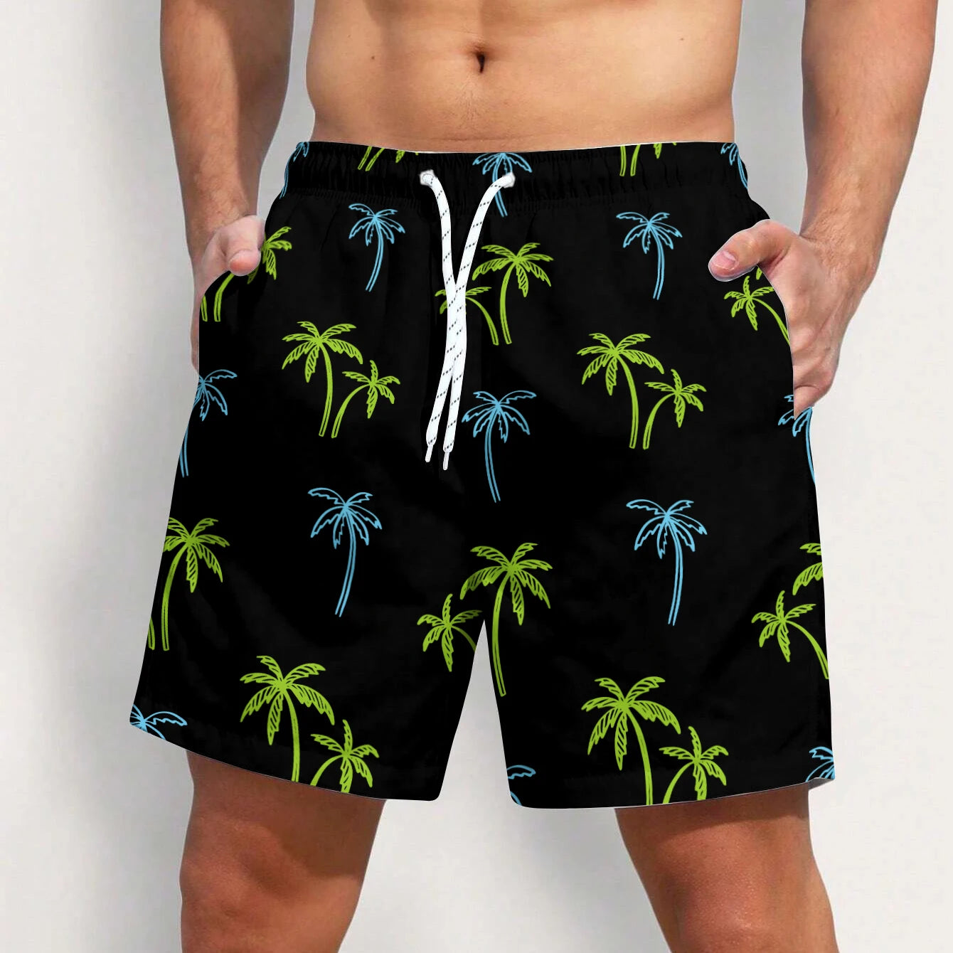 Black Palm Printed Men's Beach Shorts Quick Dry Sportswear