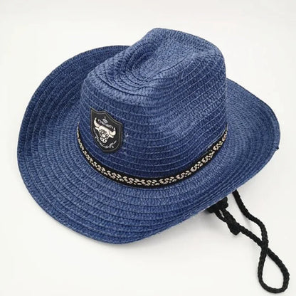 Summer Men Bull Badge Cowboy Straw Sunhat With Rope Fedora