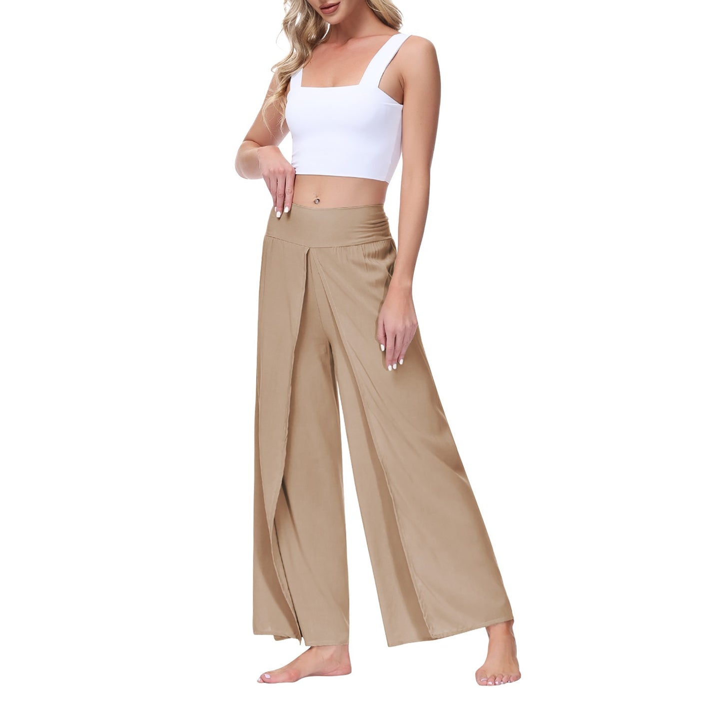 Women High Waisted Elastic Pleated Flare Palazzo Pants