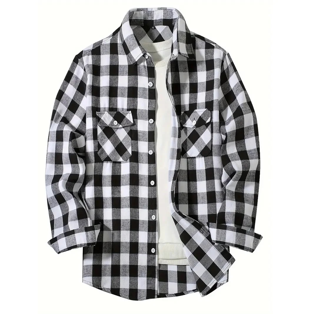 Mens Shirts Single Breasted Classic Plaid Flannel Shirt