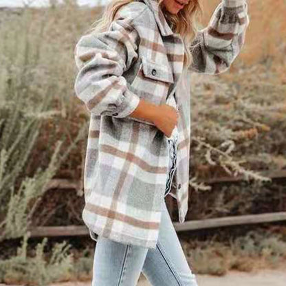 Fall Winter Women's Flannel Plaid Shacket Jacket with Pockets