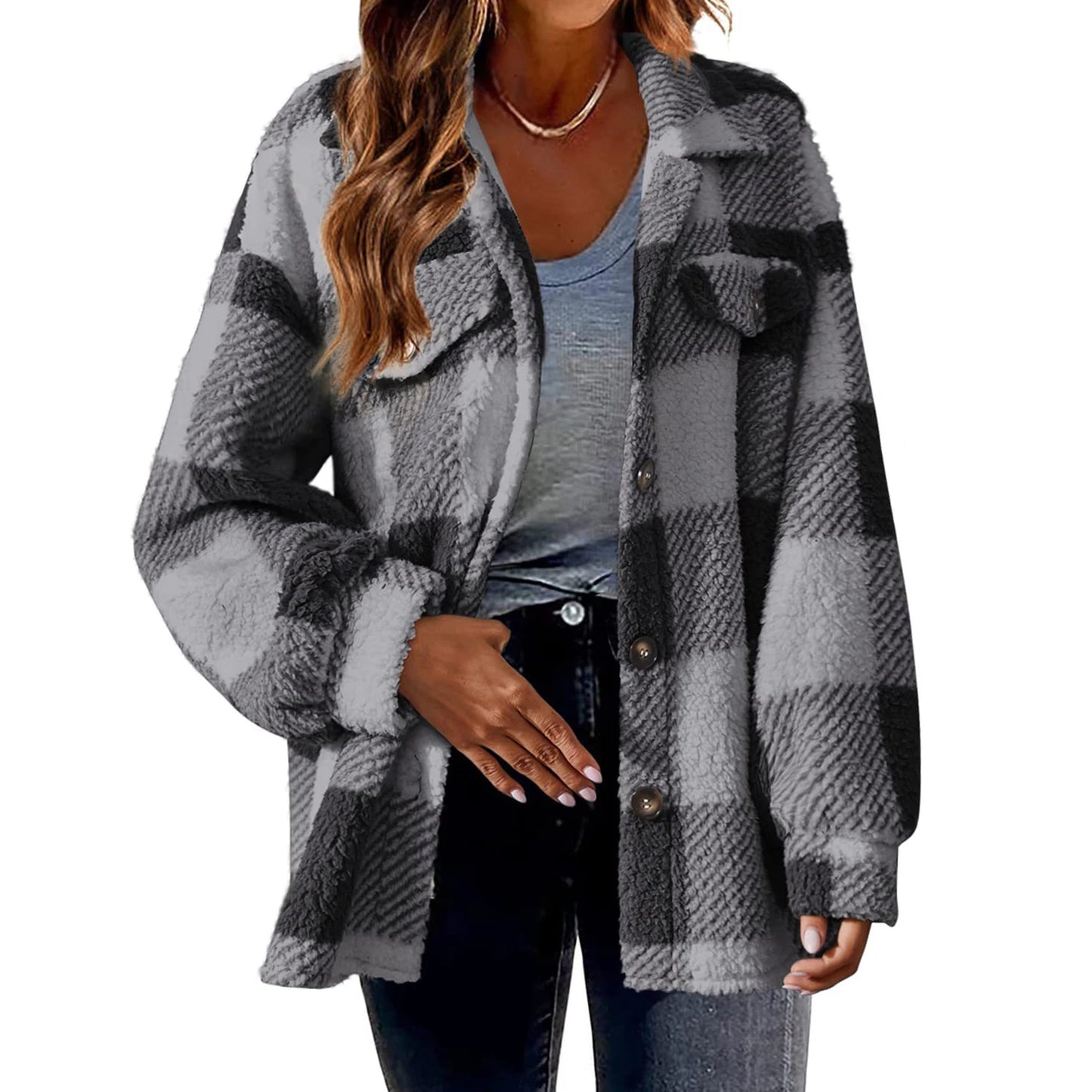 Winter Lady Coat Contrast Color Plush Lined Flannel Jacket