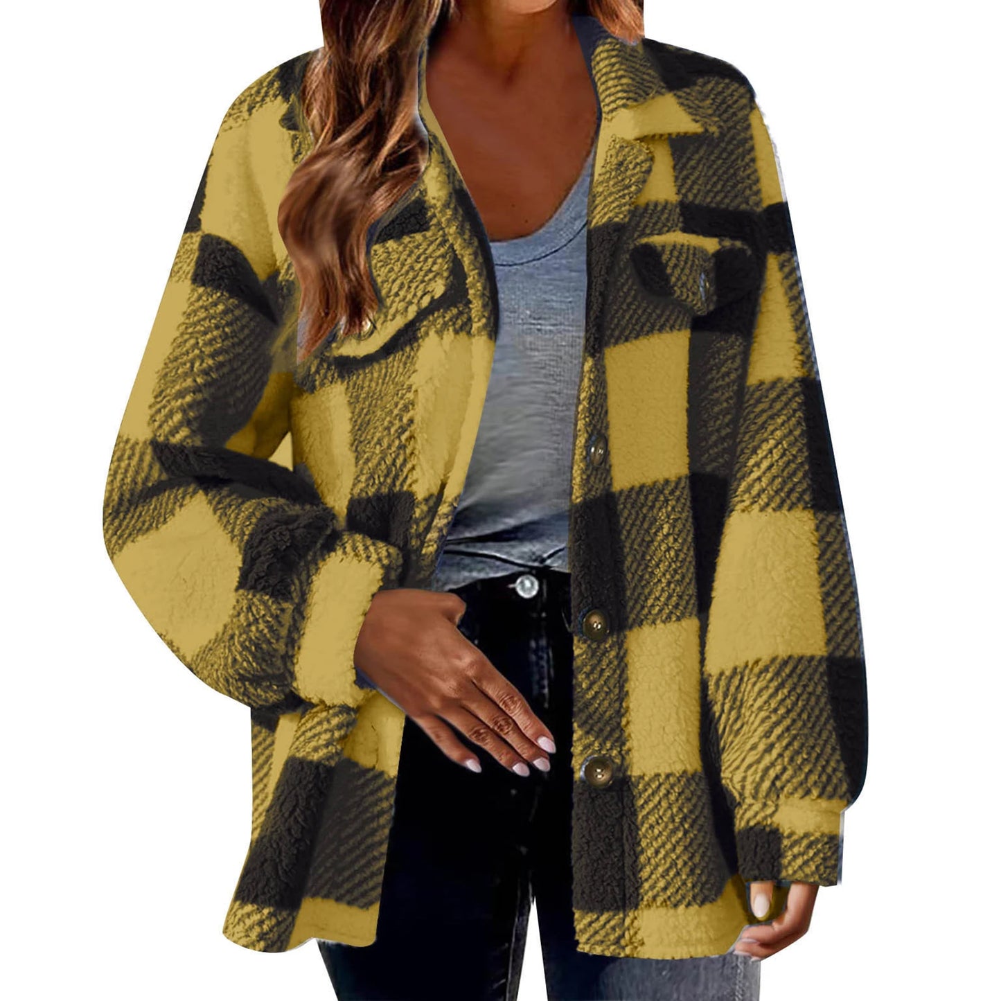 Winter Lady Coat Contrast Color Plush Lined Flannel Jacket