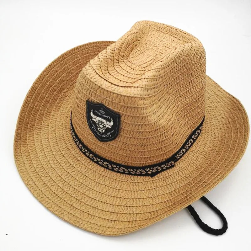 Summer Men Bull Badge Cowboy Straw Sunhat With Rope Fedora